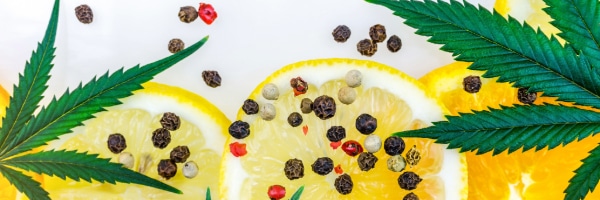 lemon slices, peppercorn, and cannabis leaves